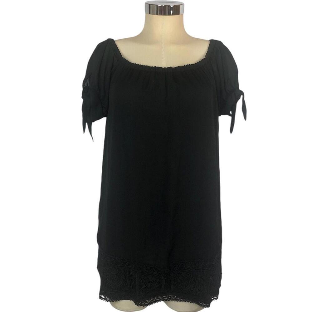 Lulus Black Mini Dress Peasant Style Puffed Sleeve w/Tie Sheer Wide Lace Border